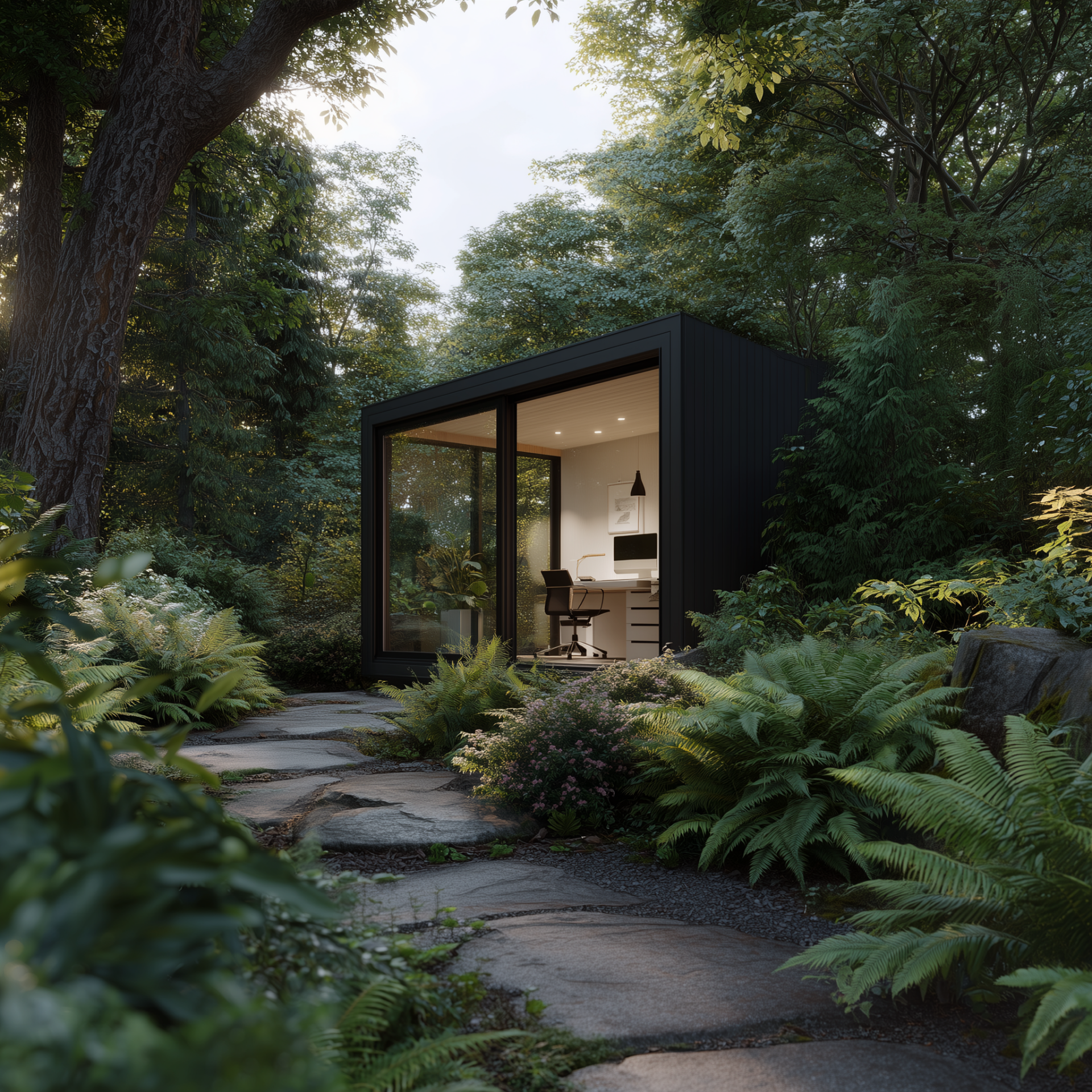 Modern studio workspace surrounded by nature